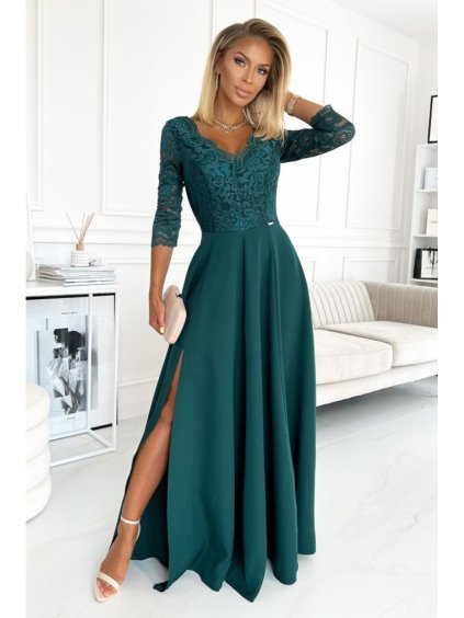 Šaty elegantní společenské krajkové dlouhé 3/4 rukávy Amber (S-2XL) POLSKÁ MÓDA NMC-309-5/DU (Velikost M, Barva zelená)