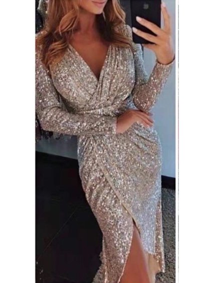Šaty elegantní třpytivé s flitry dlouhý rukáv dámské (S/M ONE SIZE) ITALSKÁ MÓDA IMWKK223789/DR (Velikost S/M/L, Barva zlatá)