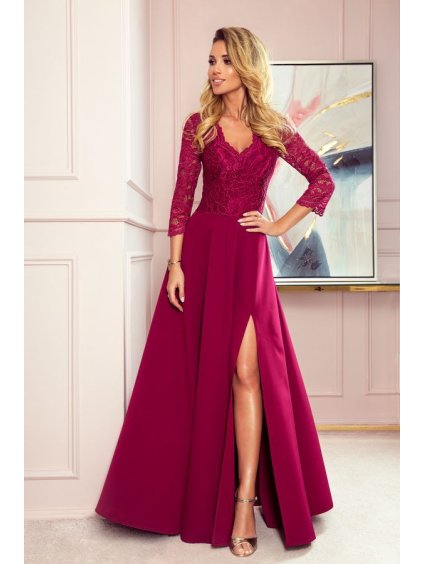 Šaty elegantní krajkové dlouhé 3/4 rukávy (S-2XL) ITALSKÁ MÓDA NMC-309-1/DU (Velikost S, Barva vínová)