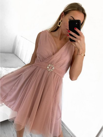 Šaty elegantní tylové krátké bez rukávu společenské dámské (S/M ONE SIZE) ITALSKÁ MÓDA IMM239074/DU (Velikost S/M/L, Barva růžová starorůžová)