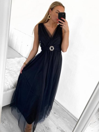 Šaty elegantní tylové dlouhé bez rukávu společenské dámské (S/M ONE SIZE) ITALSKÁ MÓDA IMM239075/DU (Velikost S/M/L, Barva Černá)