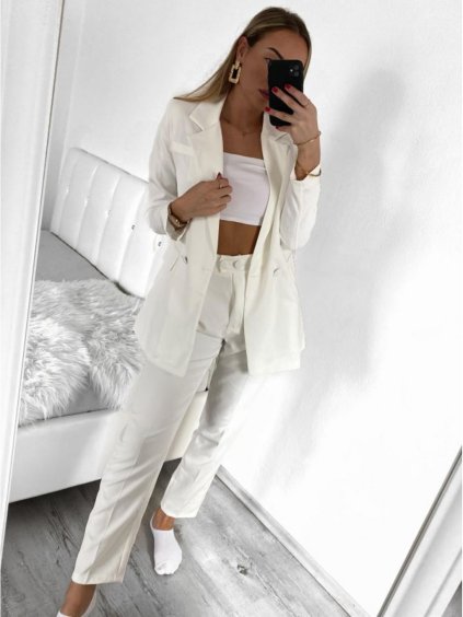 Souprava elegantní kalhoty dlouhé a sako dlouhý rukáv dámská (S/M ONE SIZE) ITALSKÁ MÓDA IMPBB232MY8908/DU (Velikost S/M/L, Barva bílá)