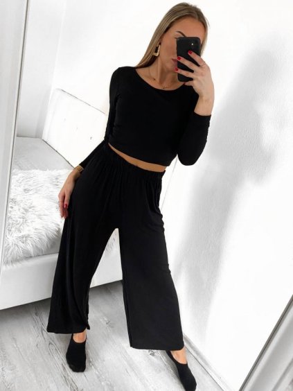 Souprava kalhoty/tepláky a top dlouhý rukáv dámský (S/M ONE SIZE) ITALSKÁ MÓDA IMPGM2316471/DU (Velikost S/M/L, Barva Černá)