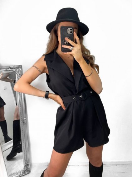 Overal krátký elegantní letní krátký rukáv dámský (S/M ONE SIZE) ITALSKÁ MÓDA IMM23M27357/DU (Velikost S/M/L, Barva Černá)