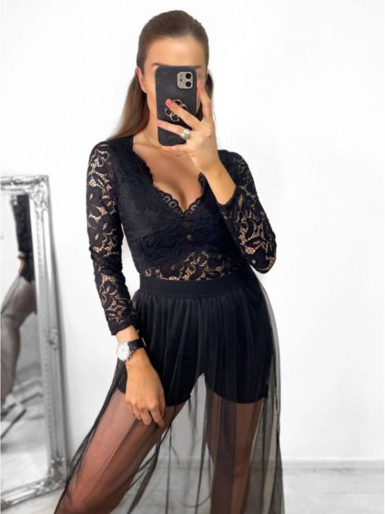 Body krajkové dlouhý rukáv dámské (S/M ONE SIZE) ITALSKÁ MÓDA IMPGM232597/DU (Velikost S/M/L, Barva Černá)