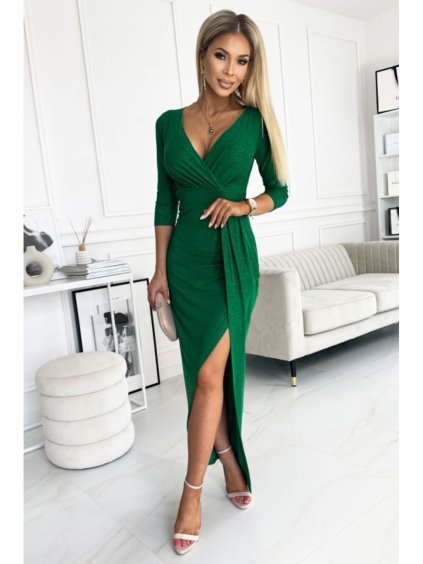 404-1 Lesklé šaty s výstřihem a rozparkem na nohavici - zelené