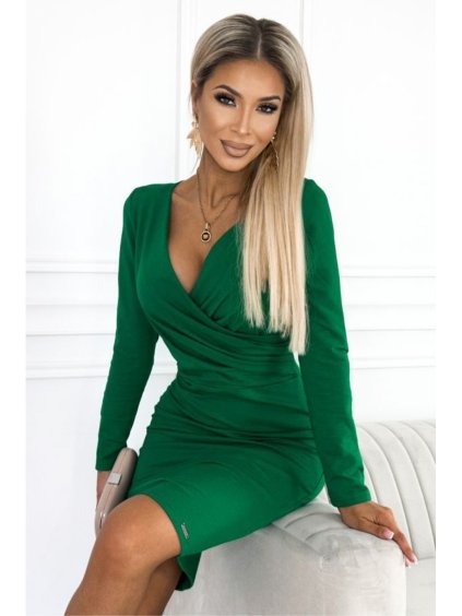 398-1 Elegantní bavlněné šaty s psaníčkovým výstřihem a dlouhým rukávem - zelené