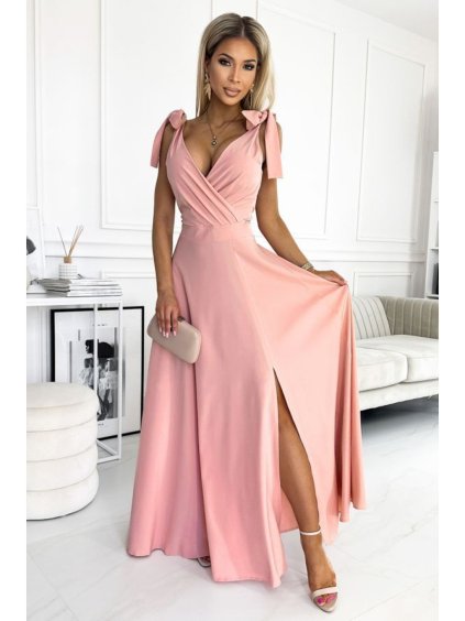 405-3 ELENA Dlouhé šaty s výstřihem a zavazováním na ramenou - špinavě růžové