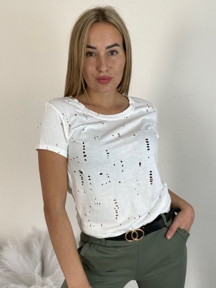 Tričko krátký rukáv dirkované dámské (S/M/L ONE SIZE) ITALSKá MóDA IM521020/DR (Velikost S/M/L, Barva bílá)