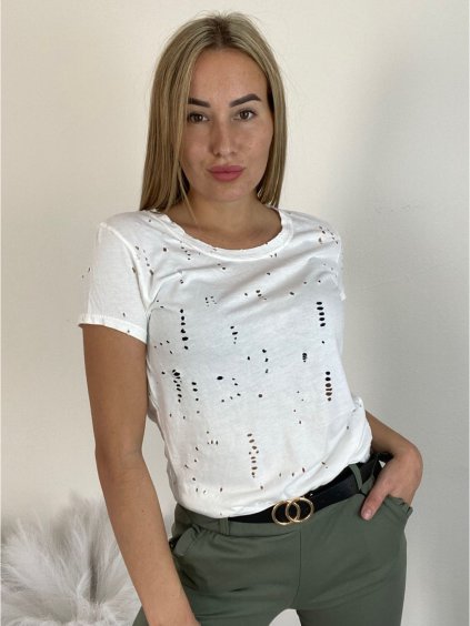 Tričko krátký rukáv dirkované dámské (S/M/L ONE SIZE) ITALSKá MóDA IM521020/DR (Velikost S/M/L, Barva bílá)