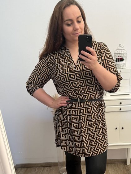 Šaty/tunika košilová s páskem dlouhý rukáv dámské (S/M/L/XL/2XL/3XL ONE SIZE) ITALSKá MóDA IM322298/DU (Velikost 2XL/3XL, Barva Černá)