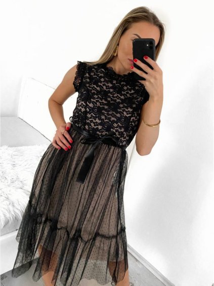 Šaty elegantní tylové s krajkou bez rukávů dámské (S/M ONE SIZE) ITALSKÁ MÓDA IMM239662/DU (Velikost S/M/L, Barva béžová)