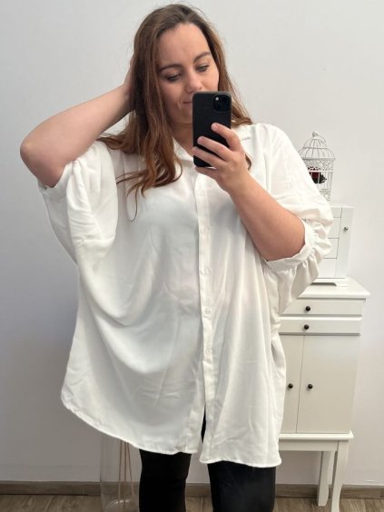 Košile prodloužená oversize s páskem dlouhý rukáv dámské (M/L/XL/2XL/3XL/4XL/5XL ONE SIZE) ITALSKÁ MÓDA IMM23M20799/DU (Velikost 4XL/5XL, Barva bílá)