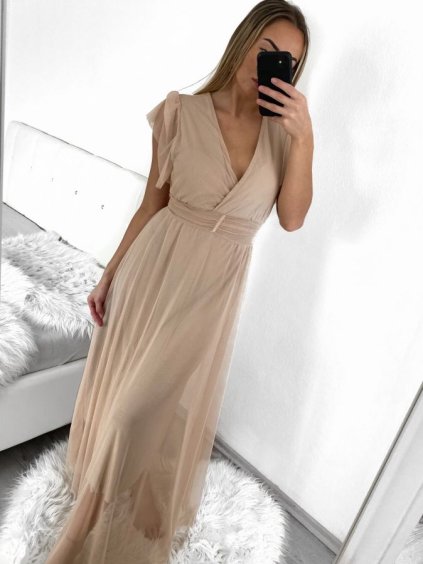 Šaty dlouhé společenské krátký rukáv dámské (S/M ONE SIZE) ITALSKÁ MODA IMM23M24081/DU (Velikost S/M/L, Barva béžová)