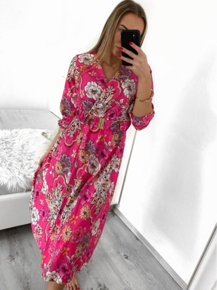 Šaty letní s páskem dlouhý rukáv dámské (S/M ONE SIZE) ITALSKÁ MÓDA IMWKK238263/DU (Velikost S/M/L, Barva růžová)