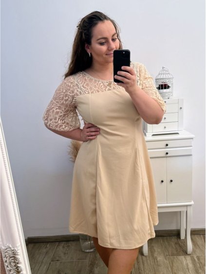 Elegantní šaty 3/4 rukáv dámské nadrozměr (XL/2XL/3XL ONE SIZE) ITALSKá MóDA IM423CATANIA/DU (Velikost XL/2XL, Barva béžová)