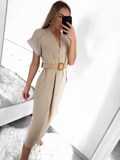 Šaty dlouhé letní s páskem krátký rukáv dámské (S/M ONE SIZE) ITALSKÁ MÓDA IMW235904/DU (Velikost S/M/L, Barva béžová)