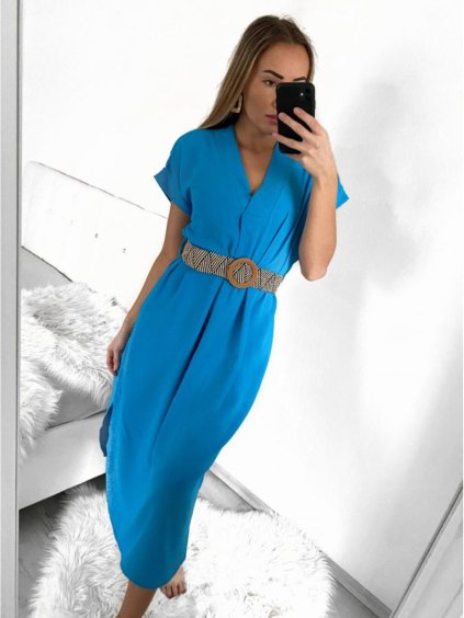 Šaty dlouhé letní s páskem krátký rukáv dámské (S/M ONE SIZE) ITALSKÁ MÓDA IMW235904/DU (Velikost S/M/L, Barva béžová)