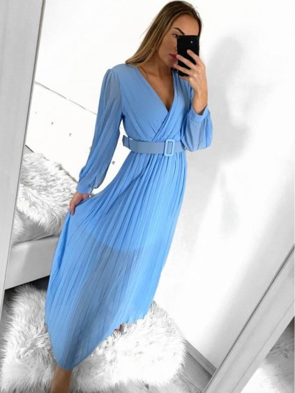 Šaty dlouhé elegantní skládáné šifonové s páskem dlouhý rukáv dámské (S/M ONE SIZE) ITALSKÁ MÓDA IMWGB231009/DU (Velikost S/M/L, Barva béžová)