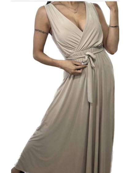 Šaty dlouhé společenské na ramínka dámské (S/M ONE SIZE) ITALSKÁ MÓDA IMM235602/DU (Velikost S/M/L, Barva béžová)