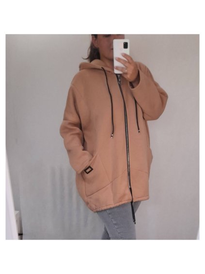 Mikina prodloužená s kapucí  na zip dlouhý rukáv dámské (L/XL ONE SIZE) ITALSKÁ MÓDA IMWT21270/DR