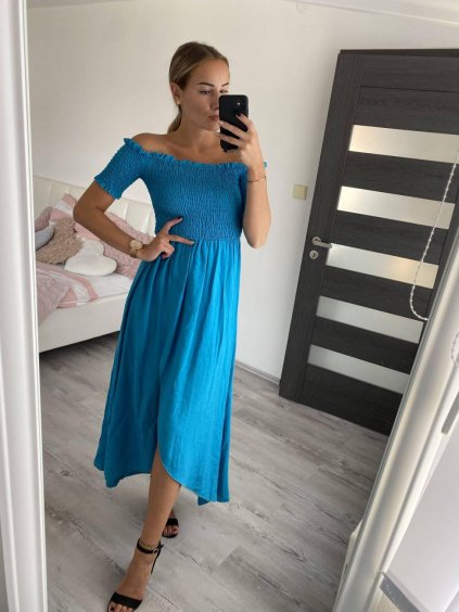 Šaty letní žabičkované dlouhé carmen dámské (S/M ONE SIZE) ITALSKÁ MÓDA IMWB215979/DR (Velikost S/M/L, Barva tyrkysová)