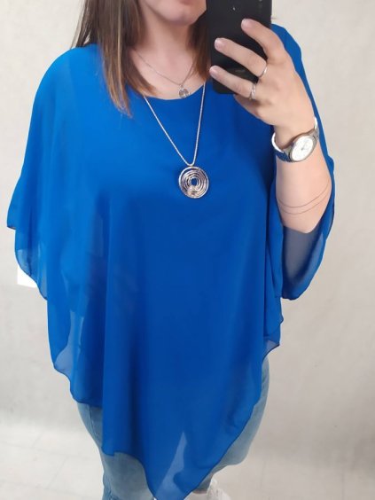 Tunika oversize šifon krátký rukáv dámské nadrozměr (L/XL/2XL) ITALSKÁ MÓDA IM422CYRKL/DR (Velikost XL/2XL, Barva modrá)