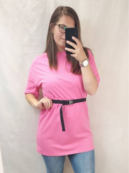 Tričko krátký rukáv s páskem OVERSIZE dámské (XL/2XL ONE SIZE) ITALSKÁ MÓDA IMP21114 (Velikost XL/2XL, Barva růžová)