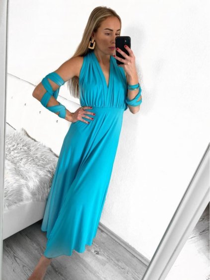 Šaty variabilní vázání dlouhé elegantní společenské dámské (S/M/L/XL ONE SIZE) ITALSKÁ MÓDA IMPBB23A11791/DU (Velikost L/XL, Barva modrá azurová)