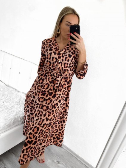Šaty dlouhé košilové letní dlouhý rukáv dámské (S/M ONE SIZE) ITALSKÁ MÓDA IMW23A758/DU (Velikost S/M/L, Barva hnědá leopard)