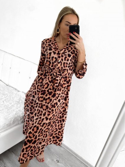 Šaty dlouhé košilové letní dlouhý rukáv dámské (S/M ONE SIZE) ITALSKÁ MÓDA IMW23A758/DU (Velikost S/M/L, Barva hnědá leopard)
