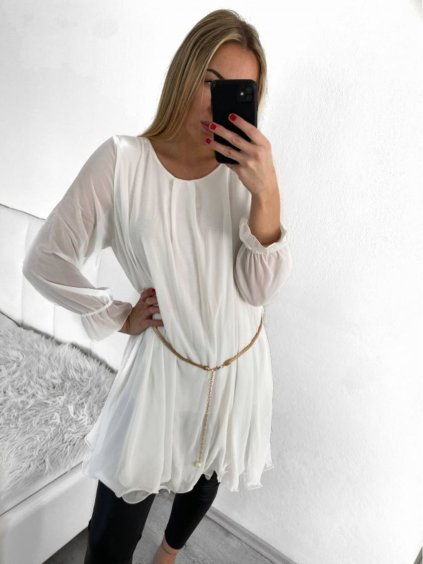 Šaty letní šifonové s páskem dlouhý rukáv dámské (S/M ONE SIZE) ITALSKÁ MÓDA IMW2330281/DU (Velikost S/M/L, Barva bílá)
