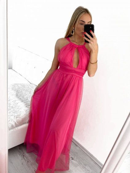 Šaty dlouhé tylové společenské na ramínka dámské (S/M ONE SIZE) ITALSKÁ MÓDA IMM23M9120/DU (Velikost S/M/L, Barva růžová starorůžová)