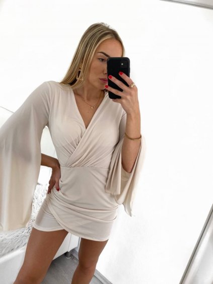 Šaty elegantní mini dlouhý rukáv dámské (S/M ONE SIZE) ITALSKÁ MÓDA IMPBB2323553/DU (Velikost S/M/L, Barva béžová)