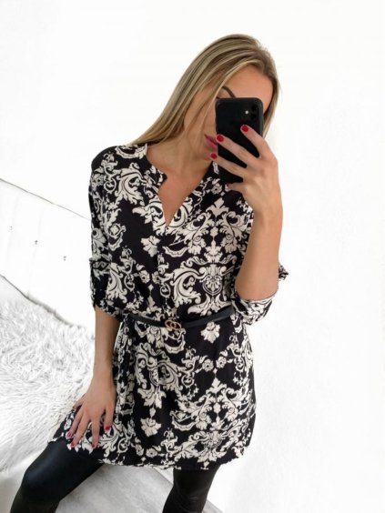 Šaty elegantní košilové s páskem dlouhý rukáv dámské (S/M/L ONE SIZE) ITALSKÁ MÓDA IMWCC231503-1/DR (Velikost M/L, Barva Černá)