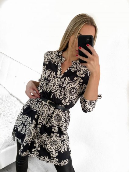 Šaty elegantní košilové s páskem dlouhý rukáv dámské (S/M/L ONE SIZE) ITALSKÁ MÓDA IMWCC231503-2/DR (Velikost M/L, Barva Černá)