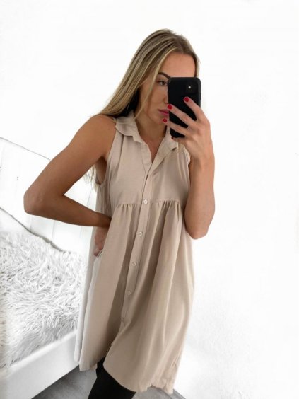 Šaty letní košilové bez rukávu dámské (S/M ONE SIZE) ITALSKÁ MÓDA IMWB23299/DR (Velikost S/M/L, Barva béžová)