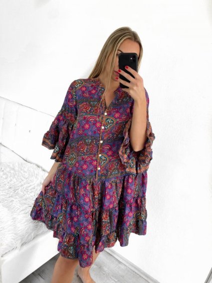 Šaty letní košilové dlouhý rukáv dámské (S/M/L ONE SIZE) INDICKÁ MÓDA IMWY23123/DR (Velikost M/L, Barva fialová)