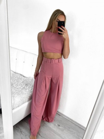 Souprava letní elegantní top a kalhoty dámská (S/M/L ONE SIZE) ITALSKÁ MÓDA IMWE231508/DU (Velikost M/L, Barva béžová)