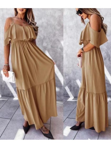 Šaty dlouhé carmen na ramínka dámské (S/M/L ONE SIZE) ITALSKÁ MÓDA IMD22374/DU (Velikost S/M/L, Barva hnědá)