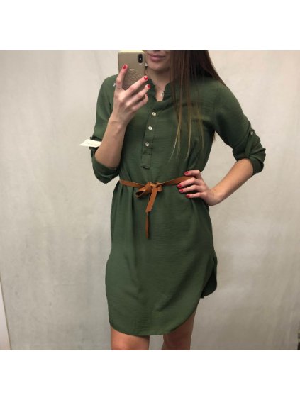Šaty elegantní košilové s páskem 3/4 dlouhý rukáv dámské (M/L/XL ONE SIZE) ITALSKÁ MÓDA IMD22411/DU (Velikost M/L, Barva zelená khaki)