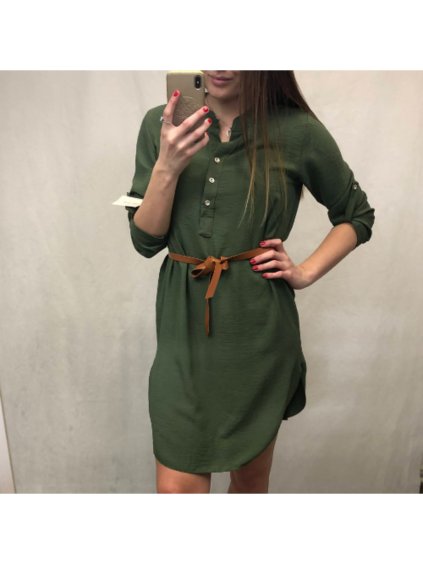 Šaty elegantní košilové s páskem 3/4 dlouhý rukáv dámské (M/L/XL ONE SIZE) ITALSKÁ MÓDA IMD22411/DU (Velikost M/L, Barva zelená khaki)
