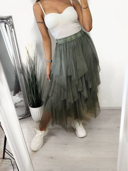Sukně dlouhá tylová dámská (S/M ONE SIZE) ITALSKÁ MÓDA IMWM23916/DU (Velikost S/M/L, Barva zelená khaki)