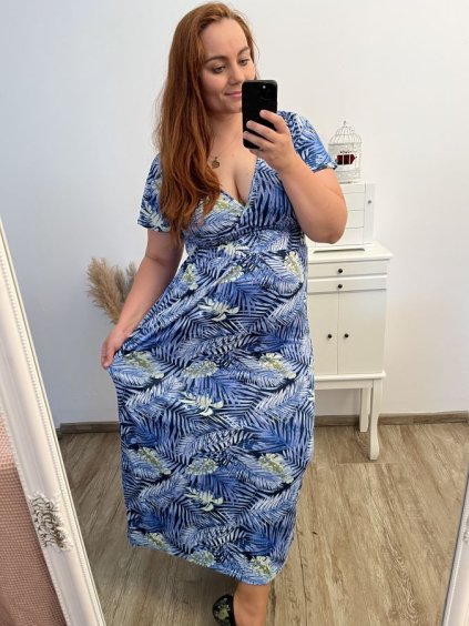 Šaty dlouhé s krátkým rukávem dámské (L/XL/2XL ONE SIZE ONE SIZE) FRANCOUZSKÁ MÓDA FMB23B830-42/DUR (Velikost L/XL, Barva modrá)
