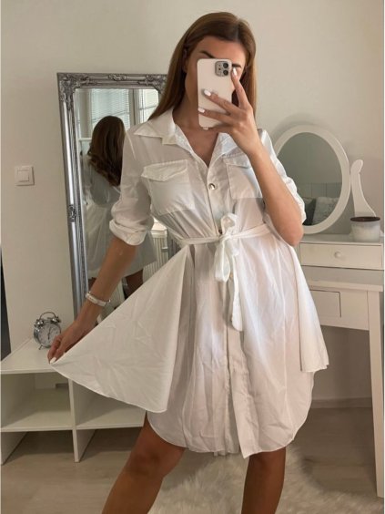 Šaty košilové dlouhý 3/4 rukávem dámské s kapsou tenké (uni s/m) ITALSKÁ MÓDA IM322IVE/DR (Velikost S/M/L, Barva bílá)