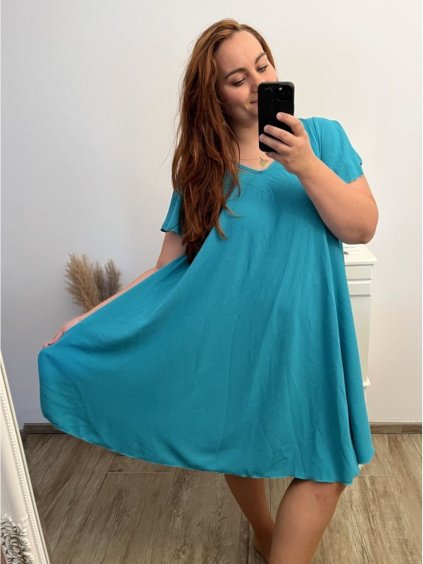 Šaty oversize krátký rukáv dámské nadrozměr (3XL/4XL/5XL ONE SIZE) ITALSKÁ MÓDA IMBM23OVER/DUR (Velikost 4XL/5XL, Barva modrá azurová)