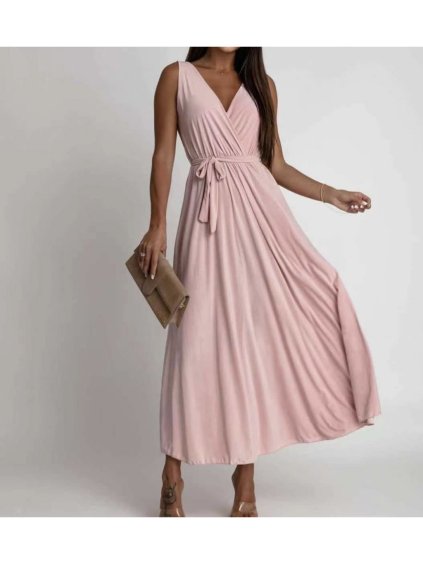 Šaty dlouhé elegantní společenské bez rukávu dámské (S/M ONE SIZE) ITALSKÁ MÓDA IMWE232099/DUR (Velikost S/M/L, Barva béžová)