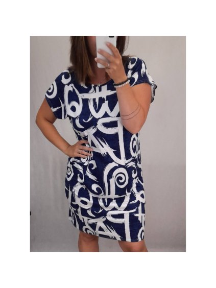 Šaty krátký rukáv dámské nadrozměrné (L-3XL) POLSKÁ MÓDA PMF23ORNAM/DU (Velikost L, Barva světle modrá)