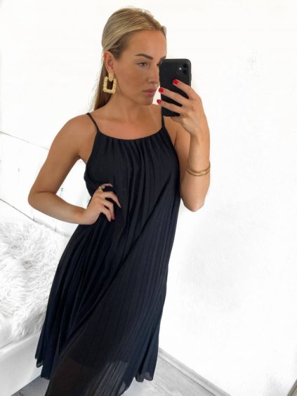 Šaty letní skládané na ramínka dámské (S/M/L ONE SIZE) ITALSKÁ MODA IM423280/DR (Velikost M/L, Barva Černá)