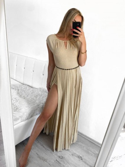 Šaty dlouhé třpytivé bez rukávu dámské (S/M ONE SIZE) ITALSKÁ MÓDA IMPBB23S3558/DU (Velikost S/M/L, Barva béžová)